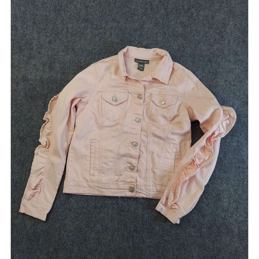 Kate & Mallory Denim Jacket Womens‎ Small Pink Ruffles Trucker Stretch Button Up